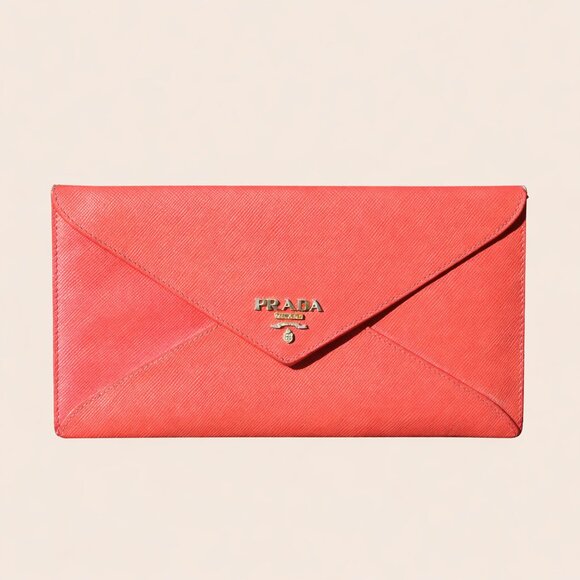 Prada Handbags - Prada Saffiano Envelope Pouch Clutch Corallo Papaya Red Document Holder